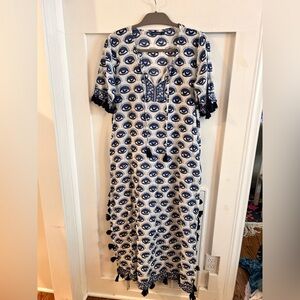 La Plage Maharaní Kaftan Tassle Long Blue/White Eye Cover up Size Medium
